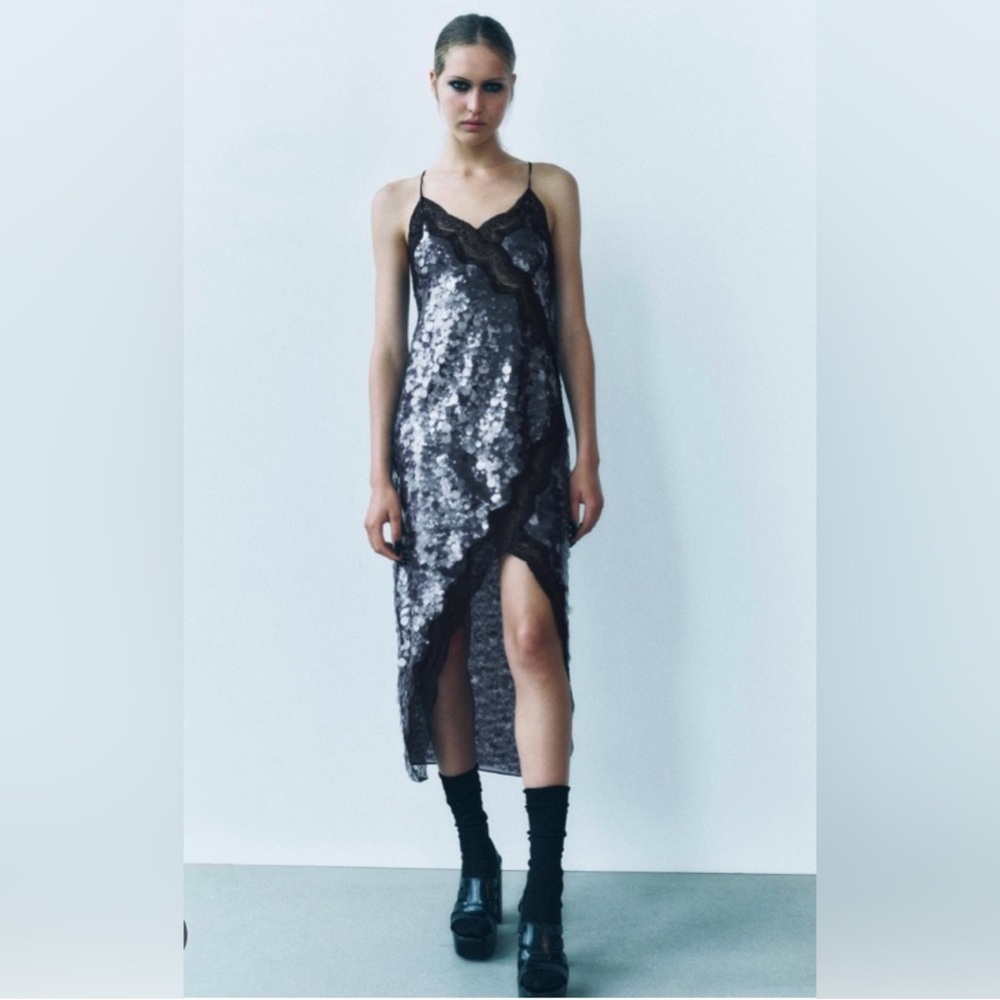 Brand New Zara Asymmetrical Black and Silver Dress